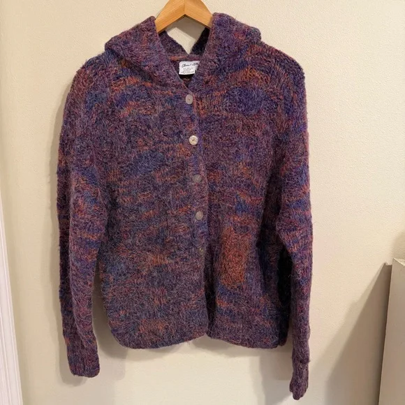 Vintage Chand Elle Fuzzy Hooded Cardigan Purple Rust Marled Wool Blend M - Picture 5 of 10